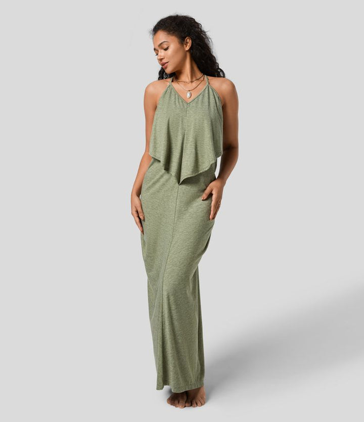 Vittoria | V-Ausschnitt Rückenfreies Band Rücken gerüschtes Maxi Resort Slip Kleid