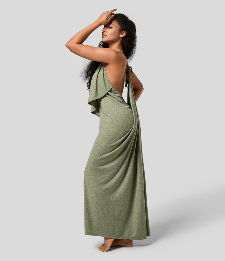 Vittoria | V-Ausschnitt Rückenfreies Band Rücken gerüschtes Maxi Resort Slip Kleid