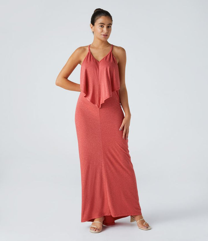 Vittoria | V-Ausschnitt Rückenfreies Band Rücken gerüschtes Maxi Resort Slip Kleid