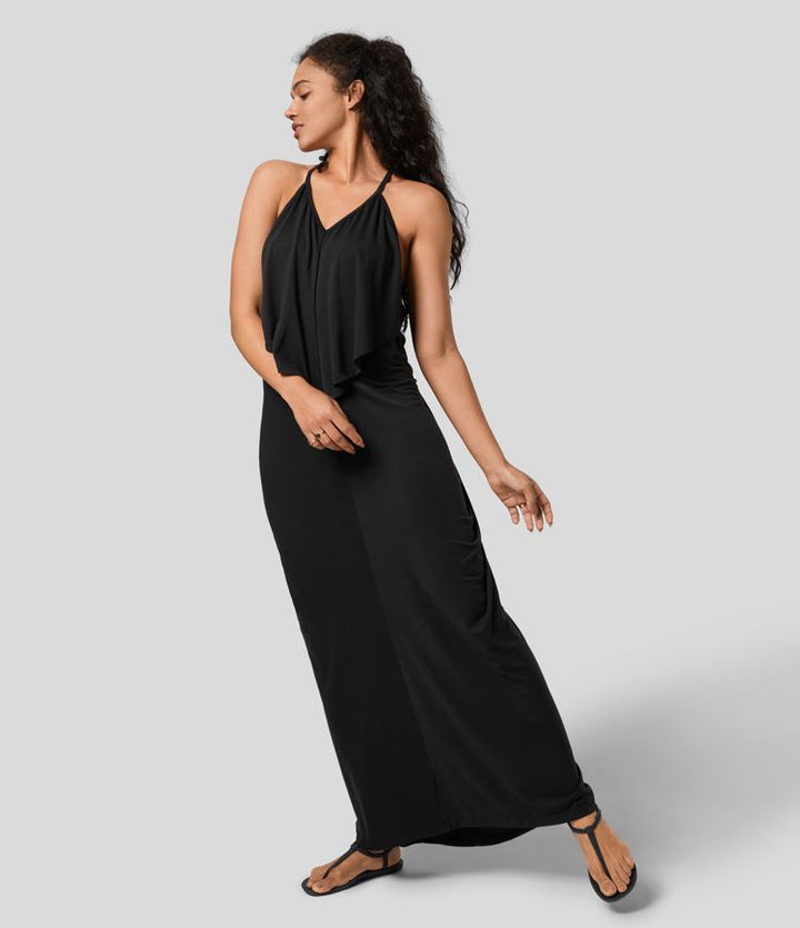 Vittoria | V-Ausschnitt Rückenfreies Band Rücken gerüschtes Maxi Resort Slip Kleid