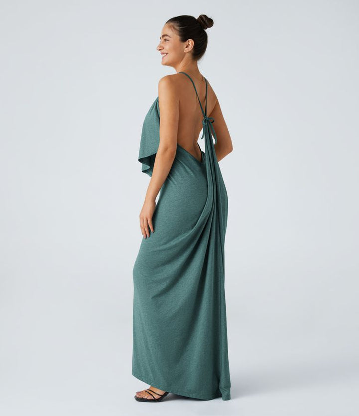 Vittoria | V-Ausschnitt Rückenfreies Band Rücken gerüschtes Maxi Resort Slip Kleid