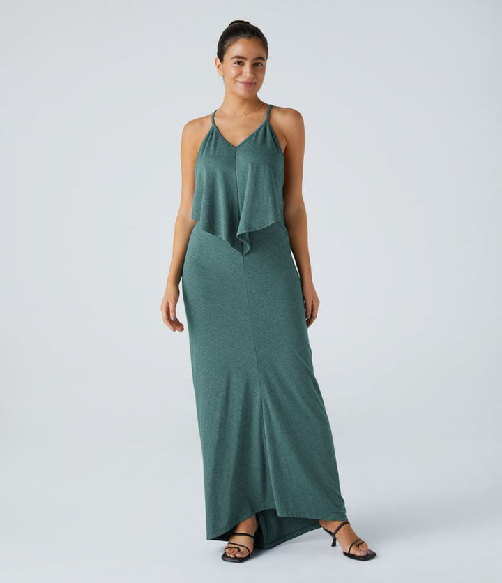 Vittoria | V-Ausschnitt Rückenfreies Band Rücken gerüschtes Maxi Resort Slip Kleid