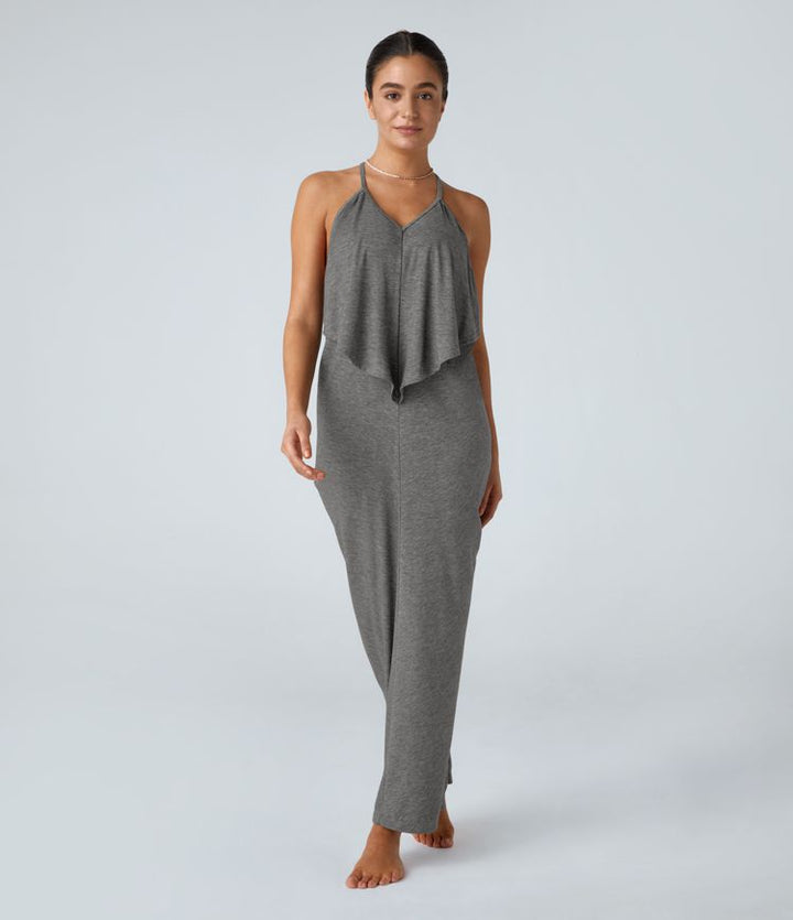 Vittoria | V-Ausschnitt Rückenfreies Band Rücken gerüschtes Maxi Resort Slip Kleid