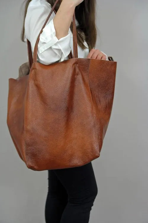 Sophie | Elegante braune Ledertasche in Übergröße mit passender Geldbörse